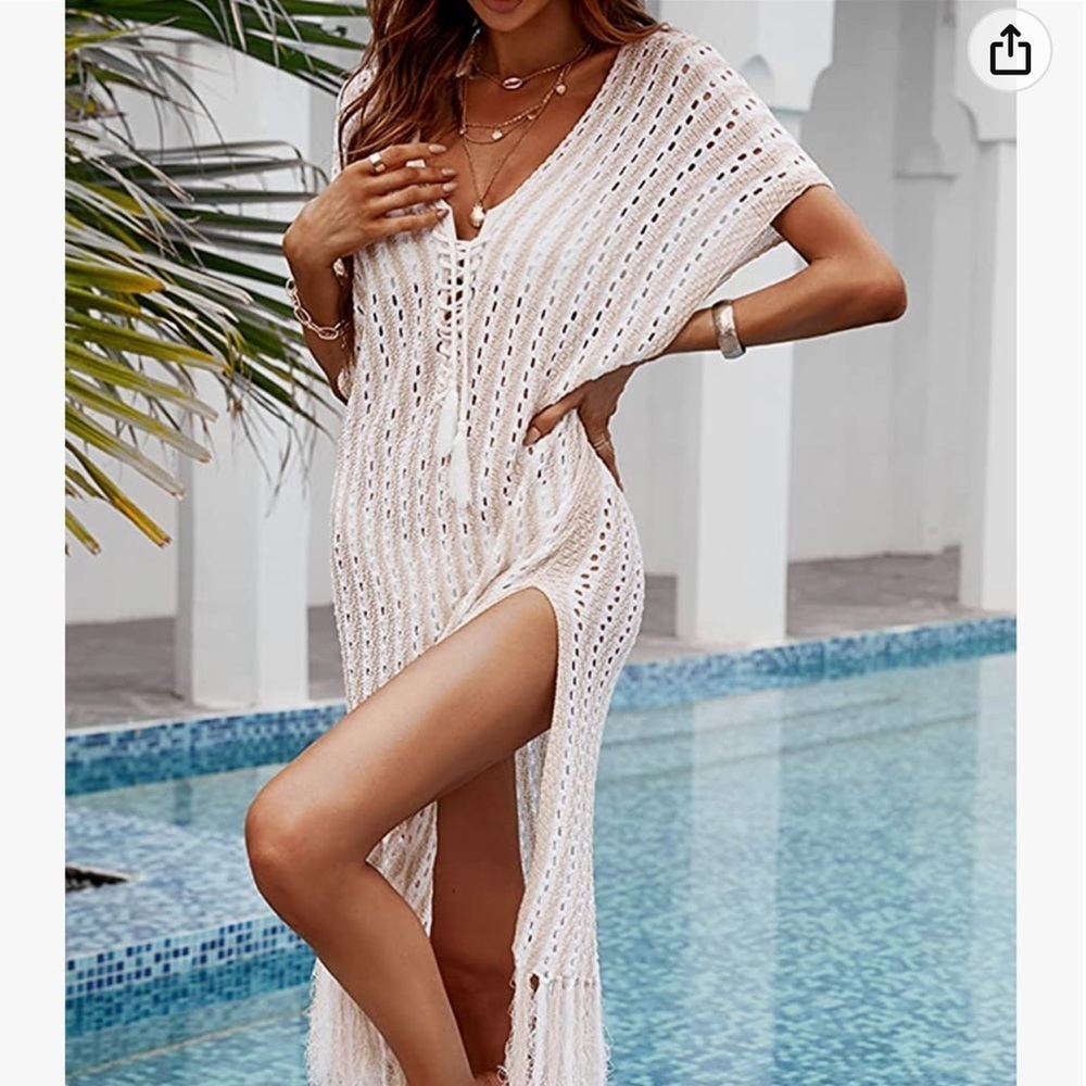 3. CUPSHE Long Tunic Crochet Cover Up Split Tassel Hem V Neck Hollow Out